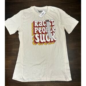 SPENCER'S "Racist People Suck" Tee Medium Unisex Retro 70s Style White Orange